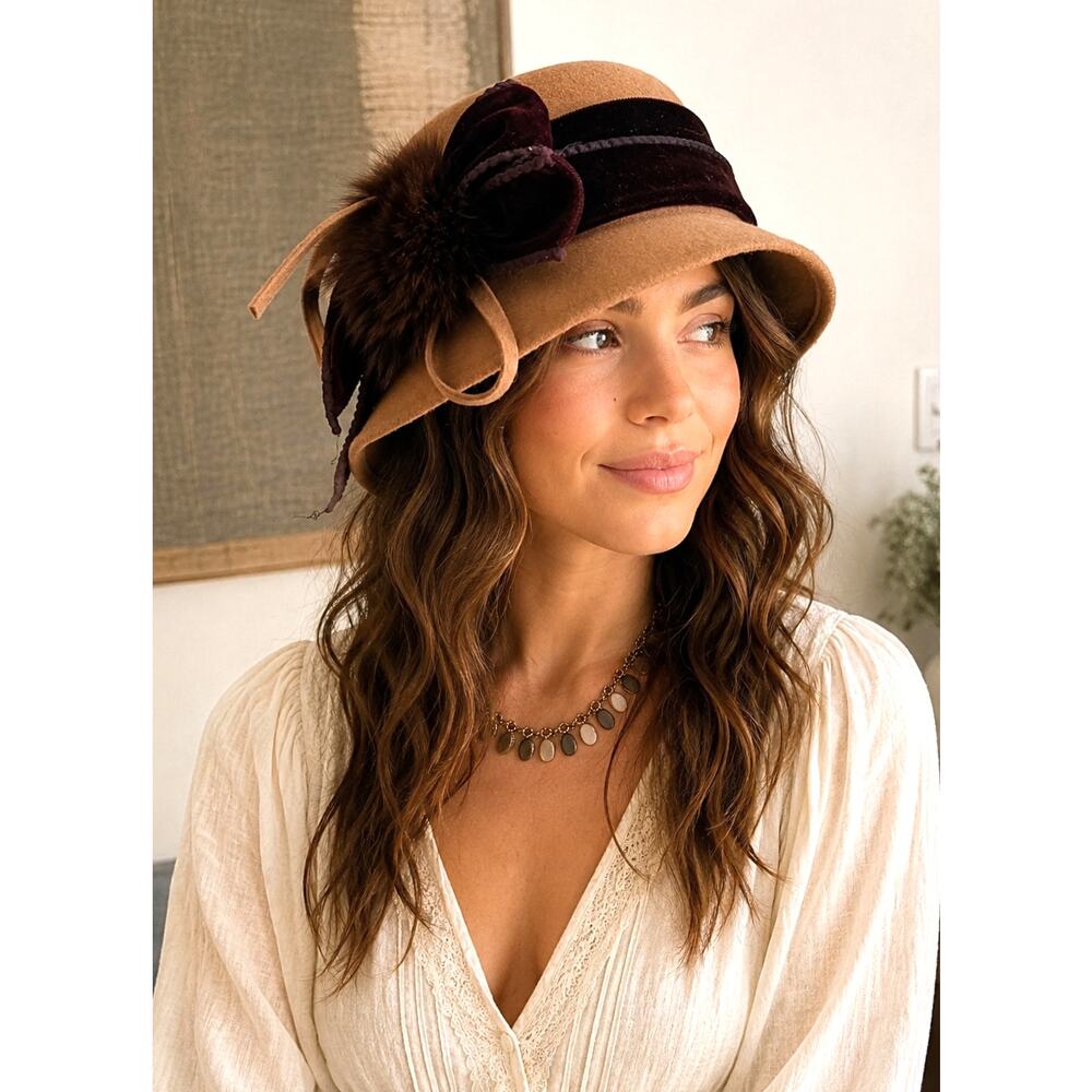Vintage Galliano Sorbatti Italian Wool Cloche Hat with Velvet & Fur Detail ITALY